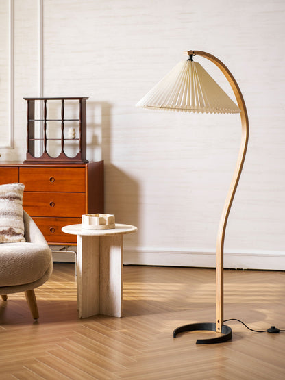 Caprani Wood Floor Lamp, Mid-Century Beechwood Stem, Linen Shade, Plug-In
