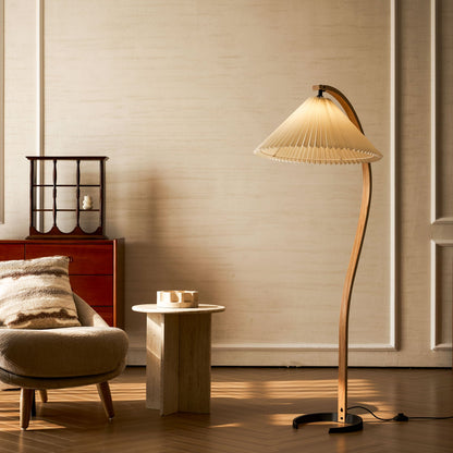 Caprani Wood Floor Lamp, Mid-Century Beechwood Stem, Linen Shade, Plug-In