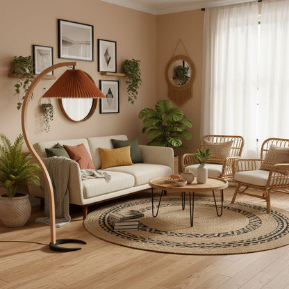 Close-up of the Caprani floor lamp's beechwood stem and metal base