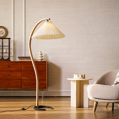 Caprani Wood Floor Lamp, Mid-Century Beechwood Stem, Linen Shade, Plug-In