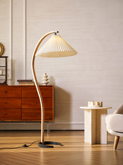 Caprani Wood Floor Lamp, Mid-Century Beechwood Stem, Linen Shade, Plug-In