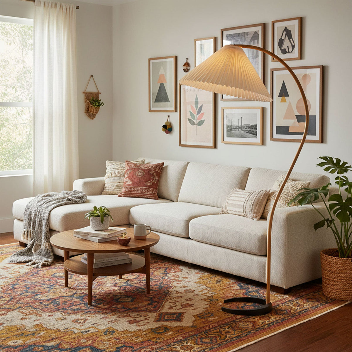 Caprani floor lamp with beige linen shade beside a reading chair