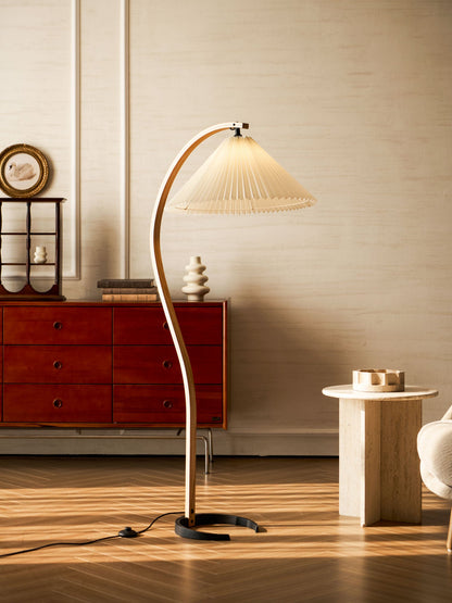 Caprani Wood Floor Lamp, Mid-Century Beechwood Stem, Linen Shade, Plug-In