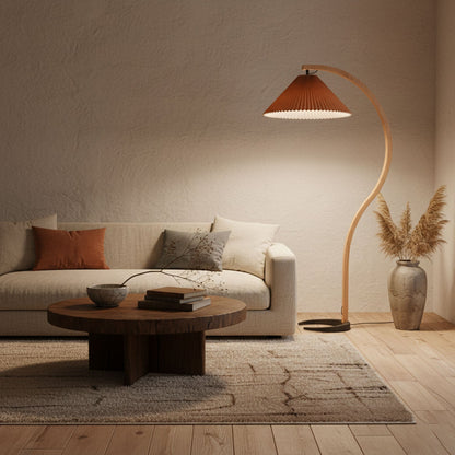 Caprani Wood Floor Lamp, Mid-Century Beechwood Stem, Linen Shade, Plug-In