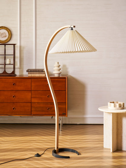 Caprani Wood Floor Lamp, Mid-Century Beechwood Stem, Linen Shade, Plug-In