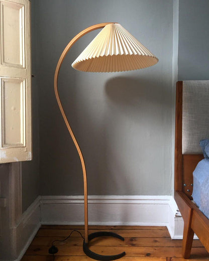 Caprani Wood Floor Lamp, Mid-Century Beechwood Stem, Linen Shade, Plug-In