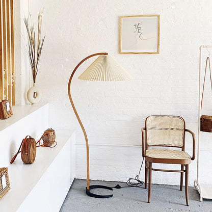 Caprani Wood Floor Lamp, Mid-Century Beechwood Stem, Linen Shade, Plug-In