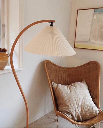 Caprani Wood Floor Lamp, Mid-Century Beechwood Stem, Linen Shade, Plug-In