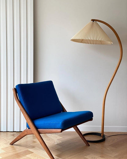 Caprani Wood Floor Lamp, Mid-Century Beechwood Stem, Linen Shade, Plug-In