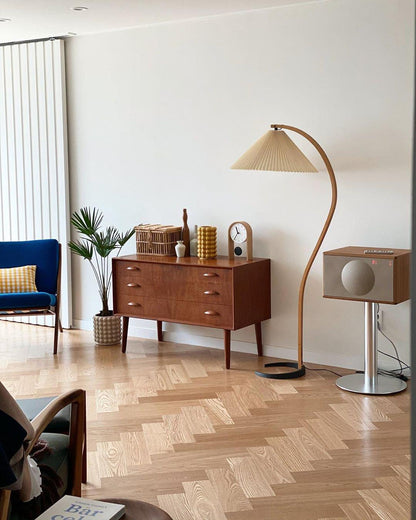 Caprani Wood Floor Lamp, Mid-Century Beechwood Stem, Linen Shade, Plug-In