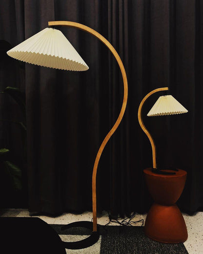 Caprani Wood Floor Lamp, Mid-Century Beechwood Stem, Linen Shade, Plug-In