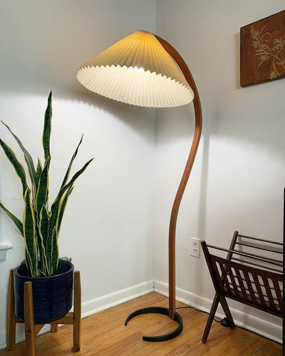 Caprani Wood Floor Lamp, Mid-Century Beechwood Stem, Linen Shade, Plug-In
