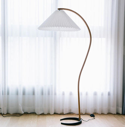 Caprani Wood Floor Lamp, Mid-Century Beechwood Stem, Linen Shade, Plug-In