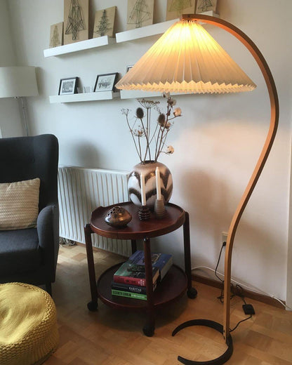 Caprani Wood Floor Lamp, Mid-Century Beechwood Stem, Linen Shade, Plug-In