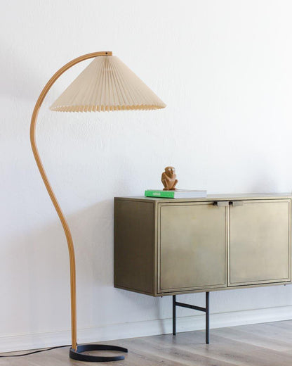 Caprani Wood Floor Lamp, Mid-Century Beechwood Stem, Linen Shade, Plug-In