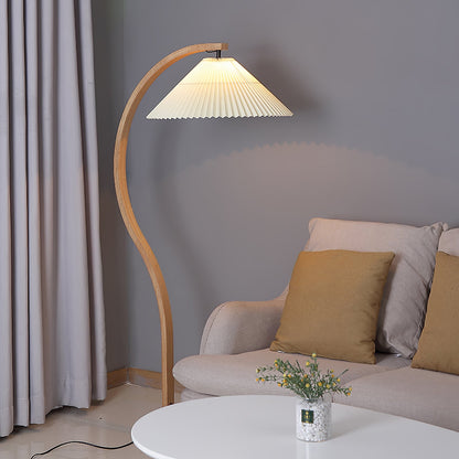 Caprani Wood Floor Lamp, Mid-Century Beechwood Stem, Linen Shade, Plug-In