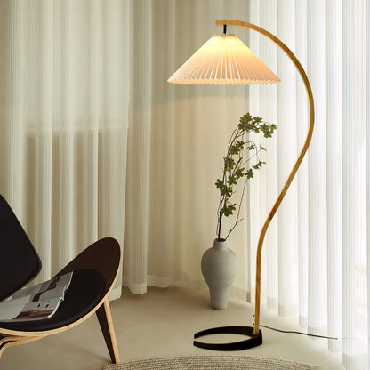 Caprani Wood Floor Lamp, Mid-Century Beechwood Stem, Linen Shade, Plug-In
