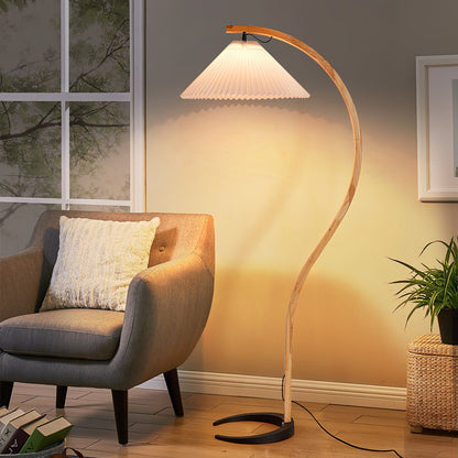 Caprani Wood Floor Lamp, Mid-Century Beechwood Stem, Linen Shade, Plug-In