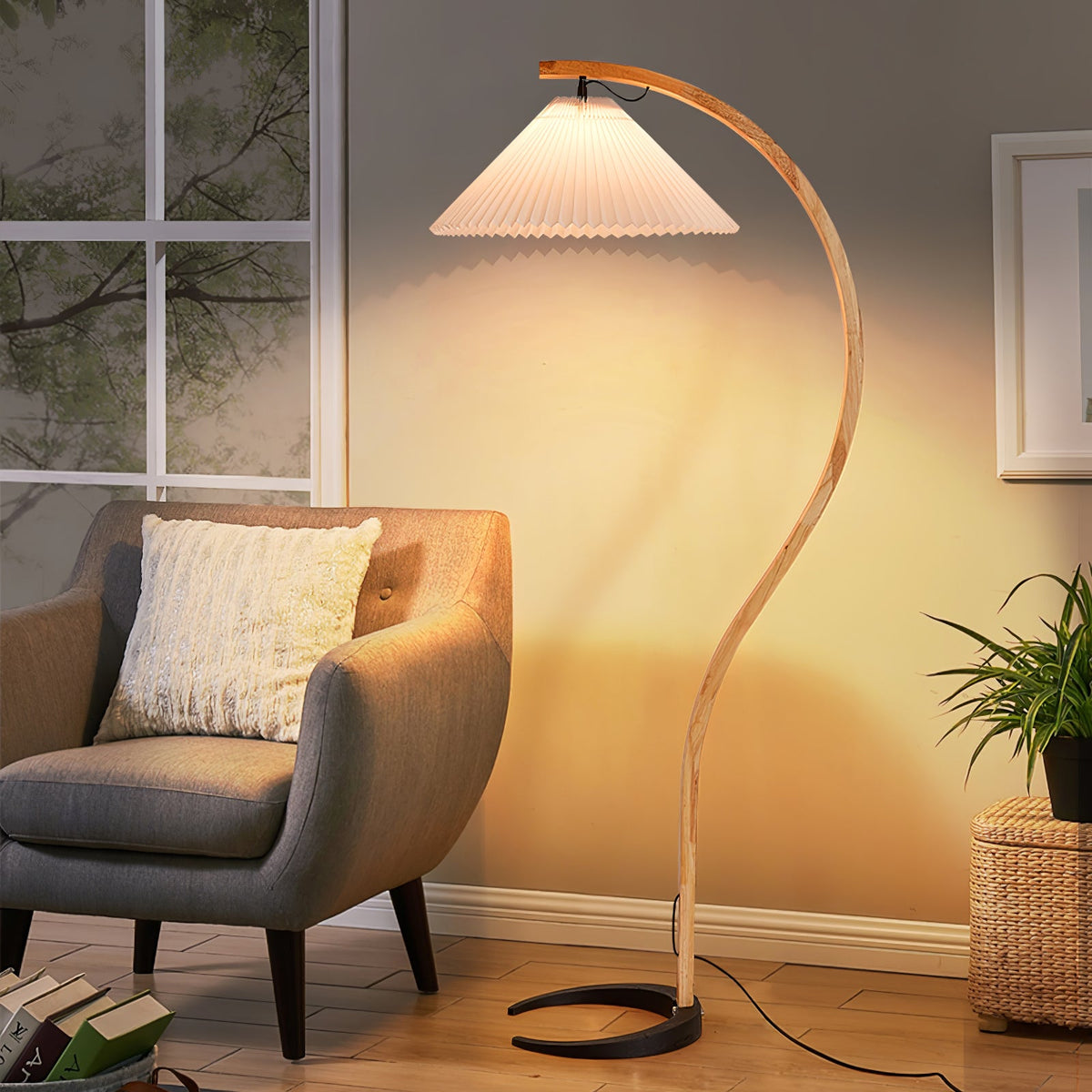 Floor Lamp for Living Room, Beech Wood Design, 59 Inch Tall, White, Beige or Coffee