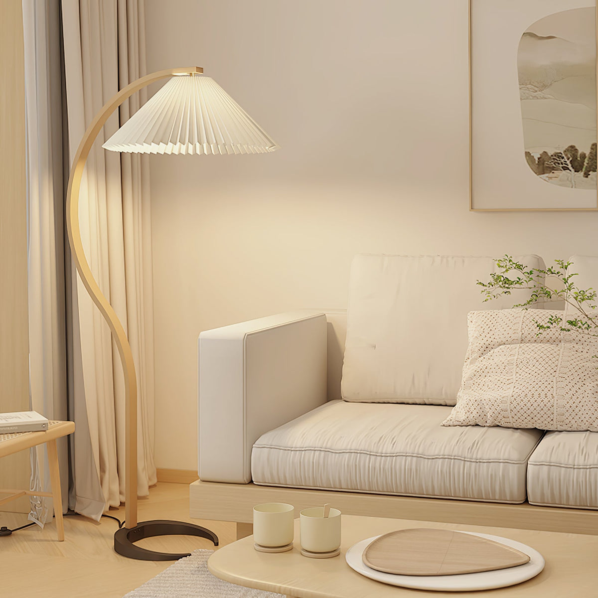Floor Lamp for Living Room, Beech Wood Design, 59 Inch Tall, White, Beige or Coffee