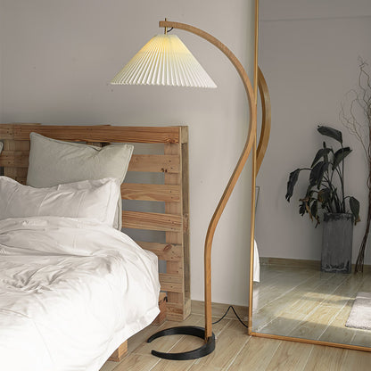 Caprani Wood Floor Lamp, Mid-Century Beechwood Stem, Linen Shade, Plug-In