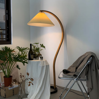 Caprani Wood Floor Lamp, Mid-Century Beechwood Stem, Linen Shade, Plug-In