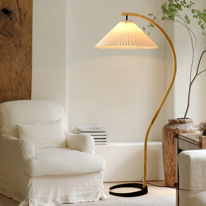 Caprani Wood Floor Lamp, Mid-Century Beechwood Stem, Linen Shade, Plug-In