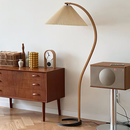 Caprani Wood Floor Lamp, Mid-Century Beechwood Stem, Linen Shade, Plug-In