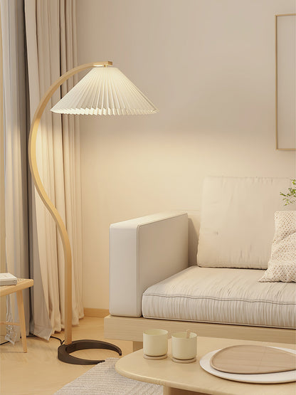 Caprani Wood Floor Lamp, Mid-Century Beechwood Stem, Linen Shade, Plug-In