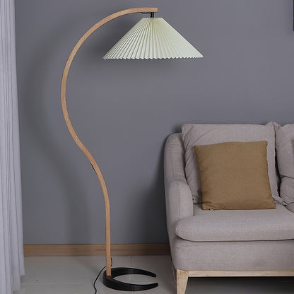 Caprani Wood Floor Lamp, Mid-Century Beechwood Stem, Linen Shade, Plug-In