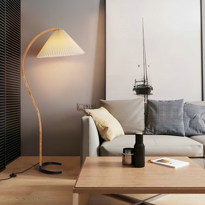 Caprani Wood Floor Lamp, Mid-Century Beechwood Stem, Linen Shade, Plug-In