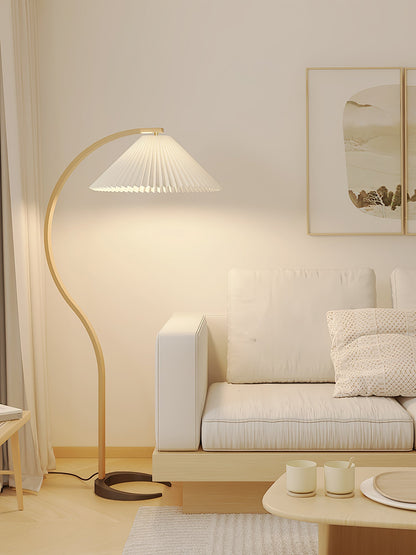 Caprani Wood Floor Lamp, Mid-Century Beechwood Stem, Linen Shade, Plug-In