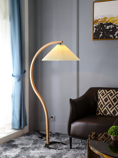 Caprani Wood Floor Lamp, Mid-Century Beechwood Stem, Linen Shade, Plug-In