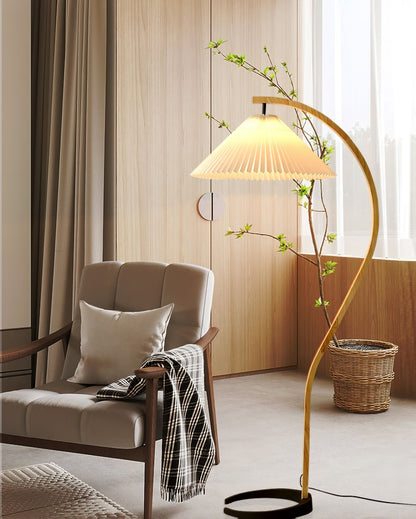 Caprani Wood Floor Lamp, Mid-Century Beechwood Stem, Linen Shade, Plug-In