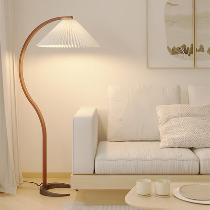 Caprani Wood Floor Lamp, Mid-Century Beechwood Stem, Linen Shade, Plug-In
