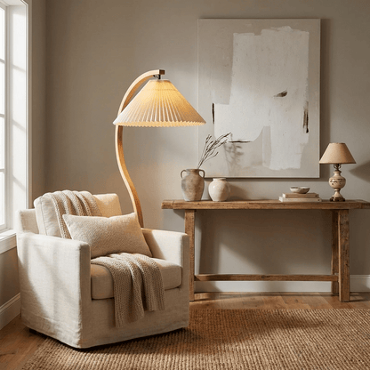 Caprani floor lamp with coffee-colored linen shade detail