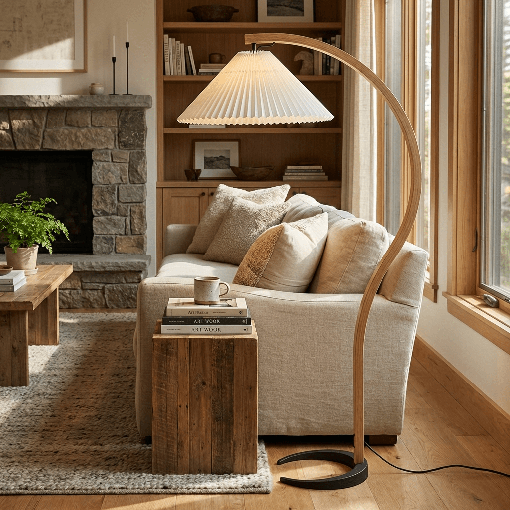 Caprani floor lamp with coffee-colored linen shade detail