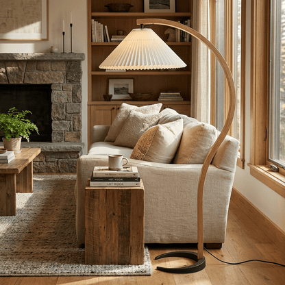 Caprani floor lamp with coffee-colored linen shade detail