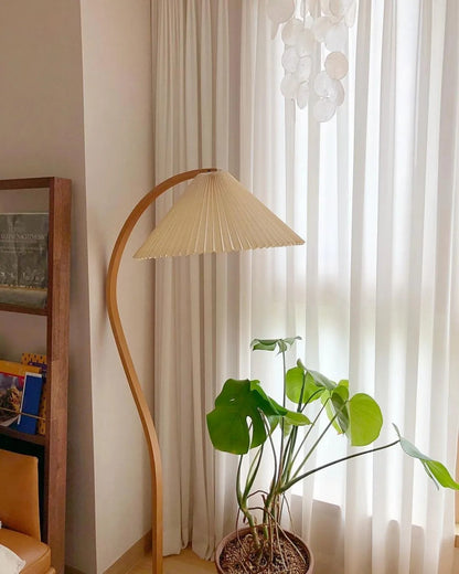 Caprani Wood Floor Lamp, Mid-Century Beechwood Stem, Linen Shade, Plug-In