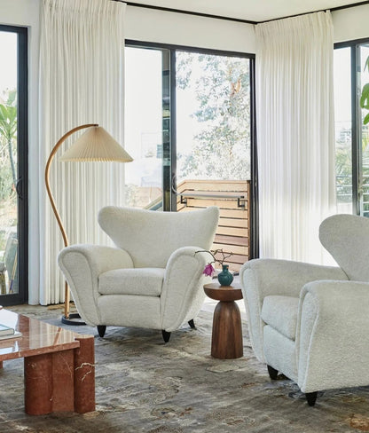 Caprani Wood Floor Lamp, Mid-Century Beechwood Stem, Linen Shade, Plug-In
