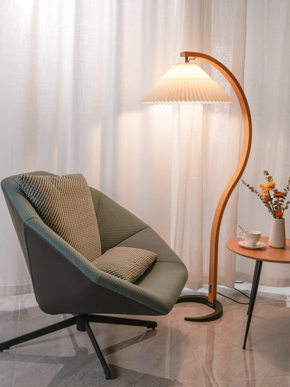 Caprani Wood Floor Lamp, Mid-Century Beechwood Stem, Linen Shade, Plug-In