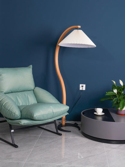 Caprani Wood Floor Lamp, Mid-Century Beechwood Stem, Linen Shade, Plug-In