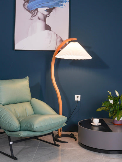Caprani Wood Floor Lamp, Mid-Century Beechwood Stem, Linen Shade, Plug-In