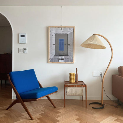 Caprani Wood Floor Lamp, Mid-Century Beechwood Stem, Linen Shade, Plug-In