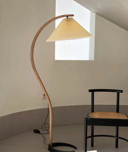 Caprani Wood Floor Lamp, Mid-Century Beechwood Stem, Linen Shade, Plug-In