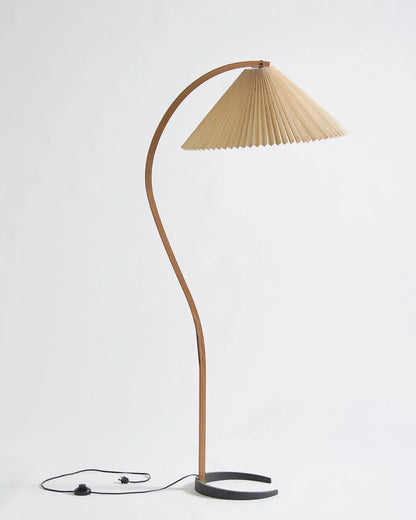 Caprani Wood Floor Lamp, Mid-Century Beechwood Stem, Linen Shade, Plug-In