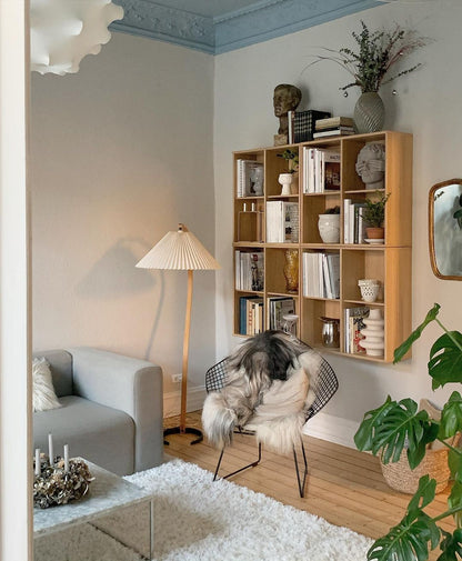 Caprani Wood Floor Lamp, Mid-Century Beechwood Stem, Linen Shade, Plug-In