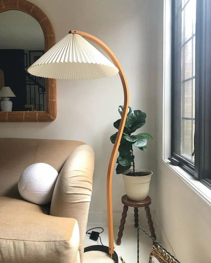 Caprani Wood Floor Lamp, Mid-Century Beechwood Stem, Linen Shade, Plug-In