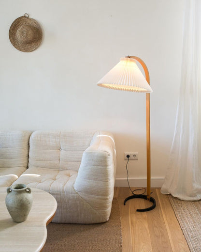 Caprani Wood Floor Lamp, Mid-Century Beechwood Stem, Linen Shade, Plug-In