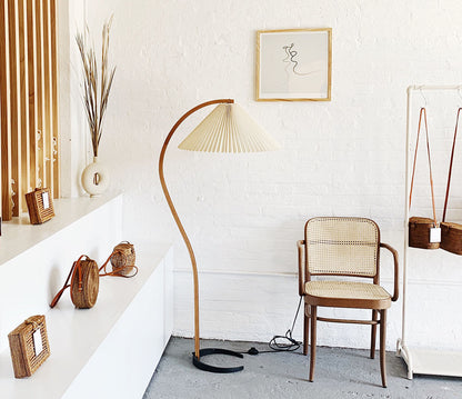 Caprani Wood Floor Lamp, Mid-Century Beechwood Stem, Linen Shade, Plug-In